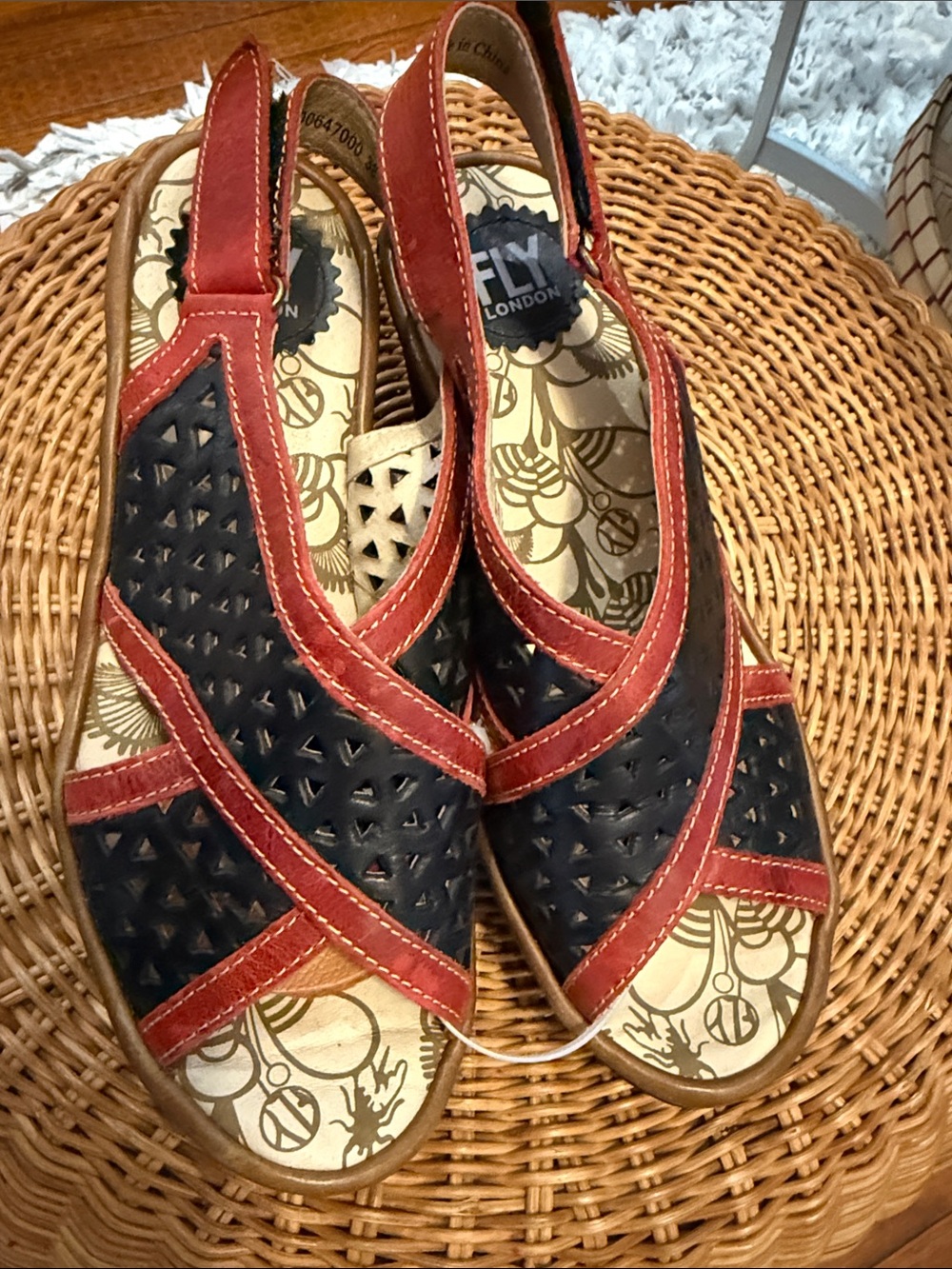 Fly London Navy and Red Leather Cutout Slingback Sandals